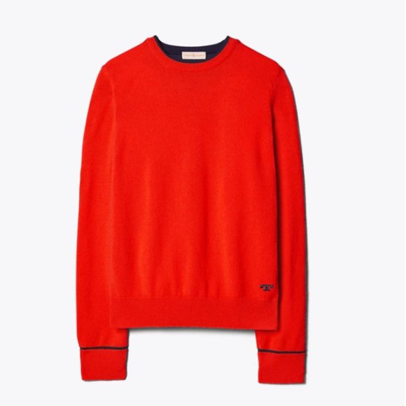 $378 Tory Burch Women Cashmere Pullover Red/Tory Navy size M - Picture 3 of 16